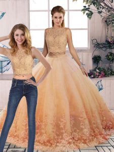 Peach Quinceanera Dresses Tulle Sweep Train Sleeveless Lace