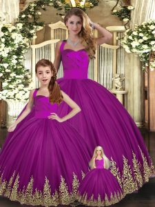Fuchsia Ball Gowns Embroidery Quinceanera Dresses Lace Up Tulle Sleeveless Floor Length