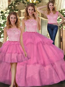Hot Pink Scoop Neckline Lace Vestidos de Quinceanera Sleeveless Zipper