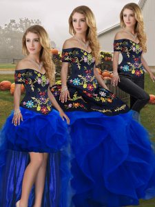 Great Royal Blue Off The Shoulder Neckline Embroidery and Ruffles 15 Quinceanera Dress Sleeveless Lace Up