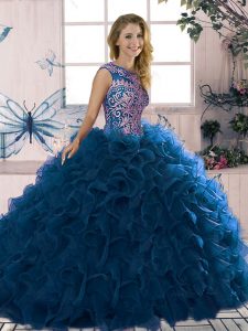 Edgy Organza Scoop Sleeveless Lace Up Beading and Ruffles Vestidos de Quinceanera in Royal Blue