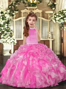 Rose Pink Kids Formal Wear Party and Sweet 16 and Wedding Party with Beading and Ruffles High-neck Sleeveless Backless