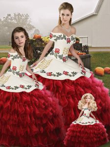 Deluxe Ball Gowns Sweet 16 Quinceanera Dress Wine Red Off The Shoulder Organza Sleeveless Floor Length Lace Up