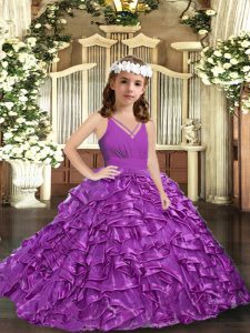 Purple Organza Zipper Child Pageant Dress Sleeveless Floor Length Ruffles and Ruching
