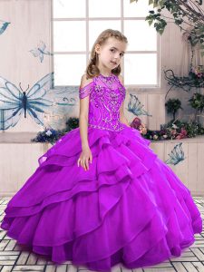 Organza Sleeveless Floor Length Little Girls Pageant Gowns and Beading and Ruffled Layers
