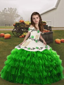 Luxurious Organza Lace Up Little Girls Pageant Dress Sleeveless Floor Length Embroidery and Ruffled Layers