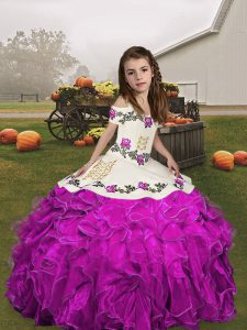 Classical Fuchsia Lace Up V-neck Embroidery and Ruffles Little Girls Pageant Dress Wholesale Organza Sleeveless