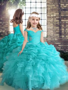 Aqua Blue Side Zipper Little Girls Pageant Gowns Beading and Ruffles Sleeveless Floor Length