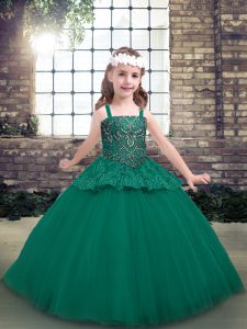 Green Lace Up Straps Beading Pageant Gowns For Girls Tulle Sleeveless