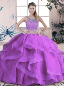 Sumptuous Beading and Lace and Ruffles Ball Gown Prom Dress Purple Lace Up Sleeveless Floor Length