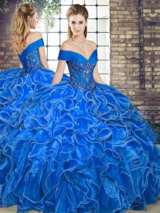 Popular Sleeveless Organza Floor Length Lace Up Sweet 16 Dress in Royal Blue with Beading and Ruffles