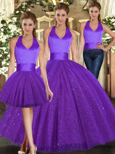 Modern Purple Halter Top Neckline Ruching Vestidos de Quinceanera Sleeveless Lace Up
