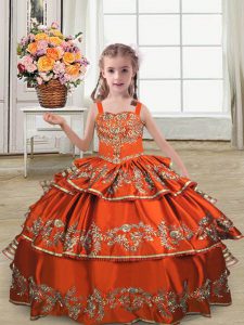 Straps Sleeveless Little Girls Pageant Dress Floor Length Embroidery and Ruffled Layers Rust Red Satin