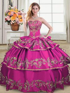 Floor Length Lace Up Vestidos de Quinceanera Fuchsia for Sweet 16 and Quinceanera with Embroidery and Ruffled Layers