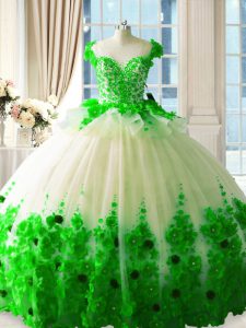 Sumptuous Green Sweet 16 Quinceanera Dress Tulle Brush Train Sleeveless Hand Made Flower