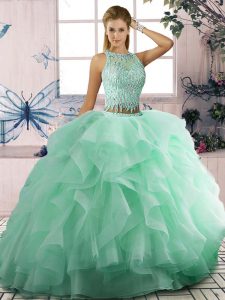 Superior Apple Green Sleeveless Beading and Ruffles Floor Length Quinceanera Dress