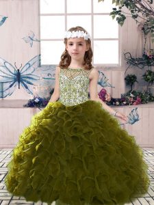 Ball Gowns Little Girl Pageant Gowns Olive Green Scoop Tulle Sleeveless Floor Length Lace Up