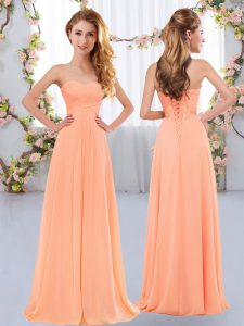 Amazing Peach Chiffon Lace Up Quinceanera Court of Honor Dress Sleeveless Floor Length Ruching