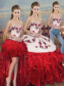 White And Red Sweetheart Neckline Embroidery and Ruffles and Bowknot Quinceanera Dress Sleeveless Lace Up