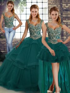 Custom Designed Peacock Green Three Pieces Straps Sleeveless Tulle Floor Length Lace Up Beading and Ruffles Vestidos de Quinceanera