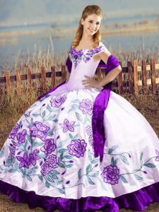 Eye-catching Satin Off The Shoulder Sleeveless Lace Up Embroidery and Ruffles Vestidos de Quinceanera in White And Purple