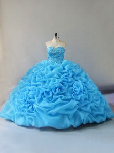 Fabulous Organza Sweetheart Sleeveless Court Train Lace Up Beading and Pick Ups and Hand Made Flower Quinceanera Gown in Baby Blue