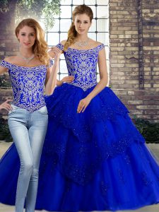 Royal Blue Two Pieces Beading and Lace Quince Ball Gowns Lace Up Tulle Sleeveless