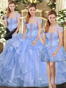 Lavender Lace Up Strapless Beading and Ruffles 15th Birthday Dress Organza Sleeveless