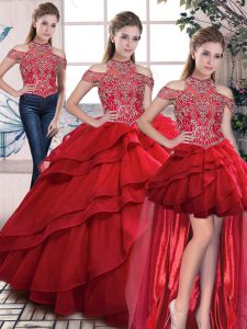Beading and Ruffles Quinceanera Dresses Red Lace Up Sleeveless