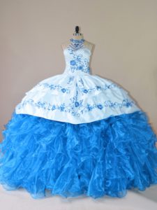 Custom Design Blue Organza Lace Up Quinceanera Dresses Sleeveless Court Train Embroidery and Ruffles