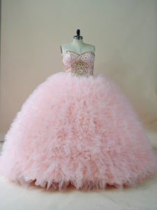 Extravagant Baby Pink Tulle Lace Up Sweetheart Sleeveless Vestidos de Quinceanera Brush Train Beading and Ruffles