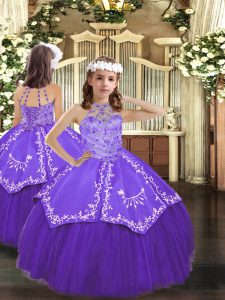 Fantastic Sleeveless Tulle Floor Length Lace Up Girls Pageant Dresses in Purple with Beading and Embroidery