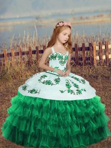 Superior Floor Length Lace Up Pageant Gowns For Girls Turquoise for Party and Wedding Party with Embroidery and Ruffled Layers