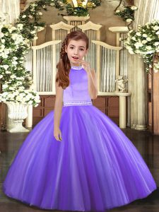 Sleeveless Floor Length Beading Backless Kids Pageant Dress with Lavender