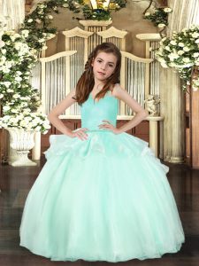 Aqua Blue Ball Gowns Beading Child Pageant Dress Lace Up Organza Sleeveless Floor Length