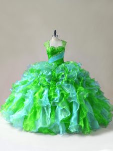 Noble Straps Sleeveless 15 Quinceanera Dress Floor Length Beading and Ruffles Multi-color Organza