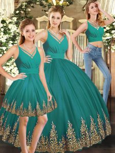 Unique Floor Length Three Pieces Sleeveless Turquoise Sweet 16 Dress Backless