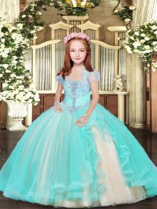 Fantastic Aqua Blue Straps Lace Up Beading Little Girls Pageant Gowns Sleeveless