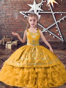 Straps Sleeveless Satin and Organza Little Girls Pageant Gowns Embroidery and Ruffled Layers Lace Up