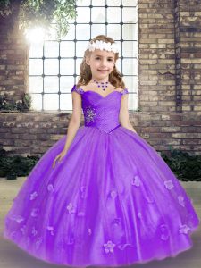 Nice Sleeveless Tulle Lace Up Kids Formal Wear in Lavender with Beading and Hand Made Flower