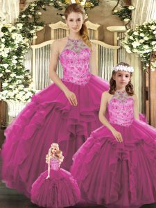 Fashionable Halter Top Sleeveless Sweet 16 Dresses Floor Length Beading and Ruffles Fuchsia Tulle