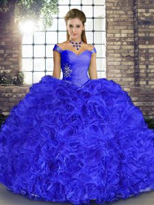 Royal Blue Organza Lace Up Ball Gown Prom Dress Sleeveless Floor Length Beading and Ruffles