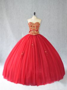 Charming Brush Train Ball Gowns Quinceanera Gowns Red Sweetheart Tulle Sleeveless Lace Up