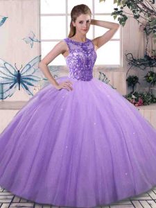 Elegant Beading 15th Birthday Dress Lavender Lace Up Sleeveless Floor Length