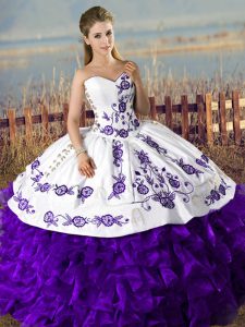 Free and Easy Floor Length Lace Up Ball Gown Prom Dress White And Purple for Sweet 16 and Quinceanera with Embroidery and Ruffles