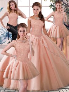 Graceful Tulle Sleeveless Ball Gown Prom Dress Brush Train and Beading