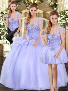 Clearance Lavender Three Pieces Organza Strapless Sleeveless Beading and Appliques Floor Length Lace Up Quince Ball Gowns
