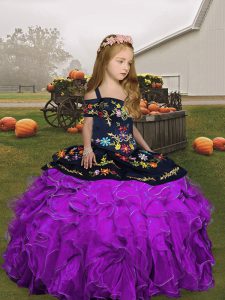 Floor Length Lace Up Little Girl Pageant Gowns Eggplant Purple and Purple for Party and Wedding Party with Embroidery and Ruffles