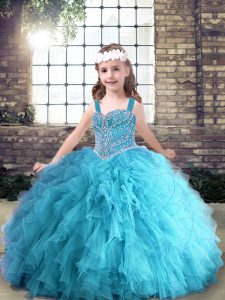 Custom Made Aqua Blue Ball Gowns Straps Sleeveless Tulle Floor Length Lace Up Beading and Ruffles Little Girl Pageant Gowns