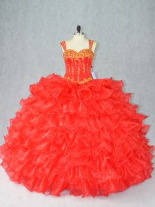 Fabulous Beading and Ruffles Vestidos de Quinceanera Red Lace Up Sleeveless Floor Length